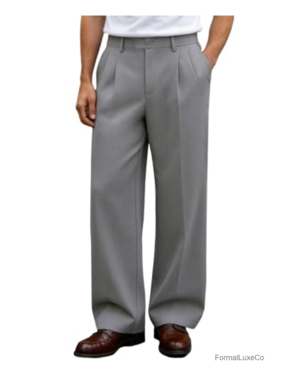 Mens Pleated Wide Leg Dress Pants Baggy Relaxed Fit Work Trousers